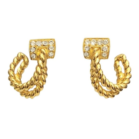 Trifari Gold Tone Clear Rhinestone Rope Twist J Hoop Clip Earrings, Signed M280 - Picture 6 of 6